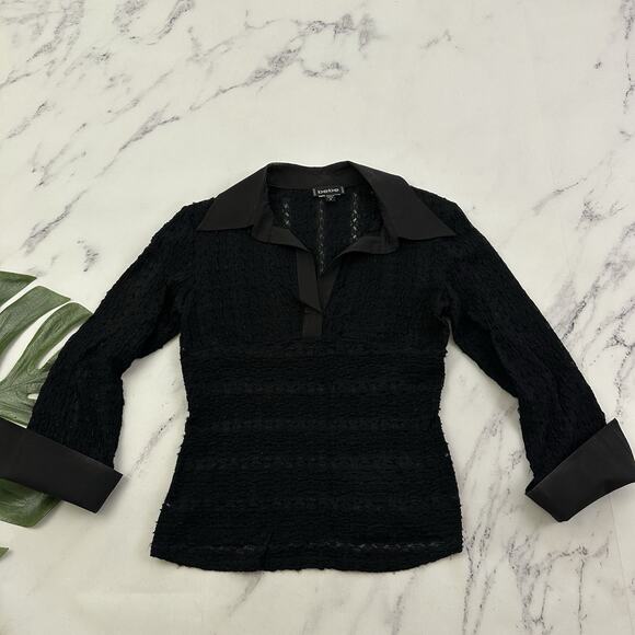 bebe Tops - Bebe Womens Vintage Y2k Lace Top Size M Black Sheer Collared 3/4 Sleeve